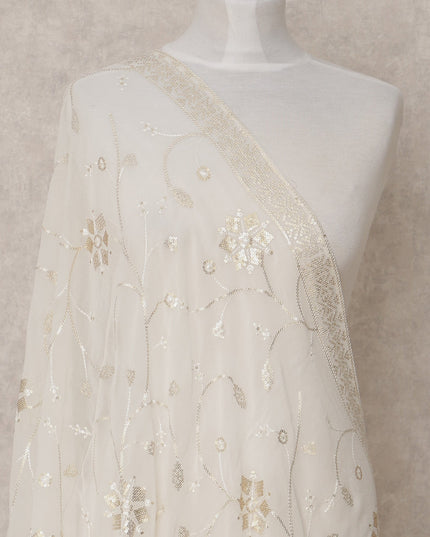 Off White Floral Motif Embroidered Synthetic Georgette Dupatta with Sequins, Size 210X90 Cms, India-D24849