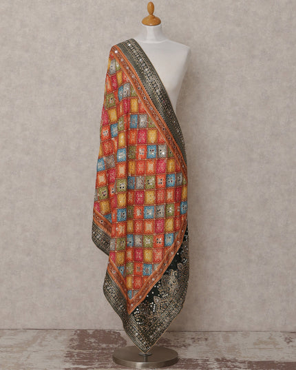 Multicolor Checkered Design Synthetic Brocade Dupatta with Contrast Border, Size 210X90 Cms, India-D24850