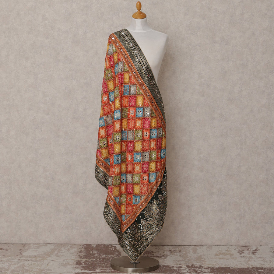 Multicolor Checkered Design Synthetic Brocade Dupatta with Contrast Border, Size 210X90 Cms, India-D24850