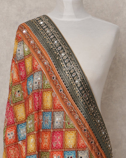 Multicolor Checkered Design Synthetic Brocade Dupatta with Contrast Border, Size 210X90 Cms, India-D24850
