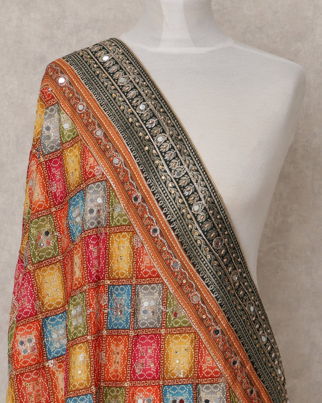 Multicolor Checkered Design Synthetic Brocade Dupatta with Contrast Border, Size 210X90 Cms, India-D24850