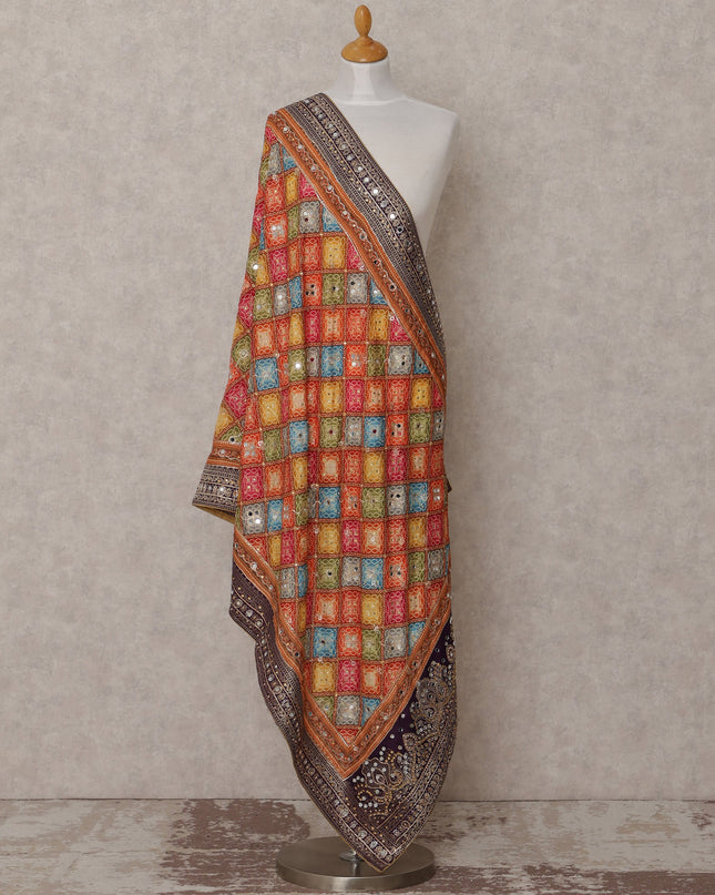 Multicolor Checkered Pattern Synthetic Brocade Dupatta with Contrast Border, Size 210X90 Cms, India-D24851 Regal Fabrics