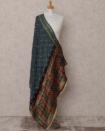Dark Green and Maroon Bandhani Pattern Synthetic Brocade Dupatta with Embellished Border, Size 210X90 Cms, India-D24852