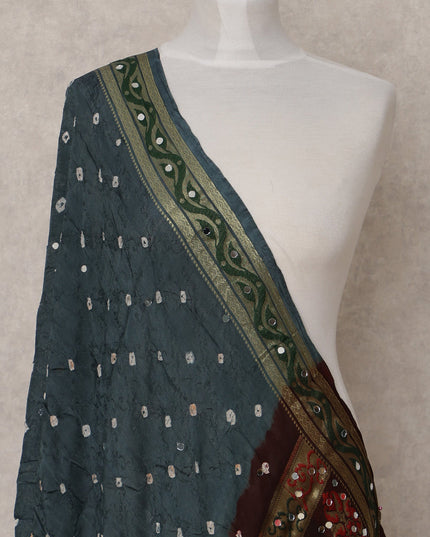 Dark Green and Maroon Bandhani Pattern Synthetic Brocade Dupatta with Embellished Border, Size 210X90 Cms, India-D24852
