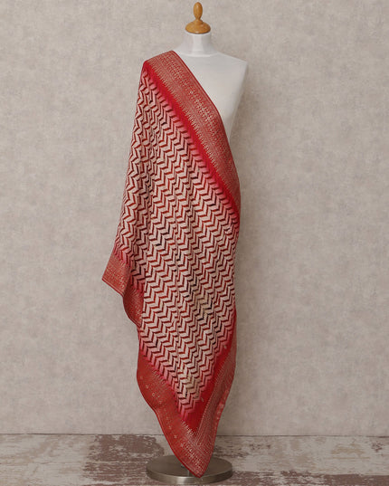 Red and Beige Chevron Pattern Synthetic Brocade Dupatta with Ornate Border, Size 210X90 Cms, India-D24854