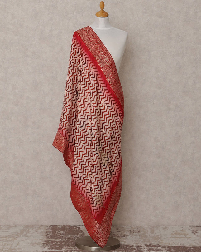 Red and Beige Chevron Pattern Synthetic Brocade Dupatta with Ornate Border, Size 210X90 Cms, India-D24854