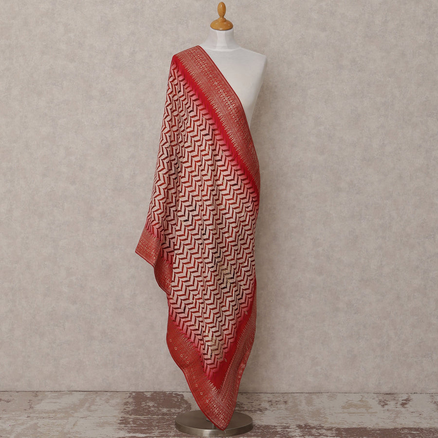 Red and Beige Chevron Pattern Synthetic Brocade Dupatta with Ornate Border, Size 210X90 Cms, India-D24854