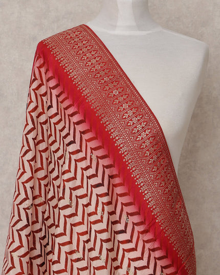 Red and Beige Chevron Pattern Synthetic Brocade Dupatta with Ornate Border, Size 210X90 Cms, India-D24854