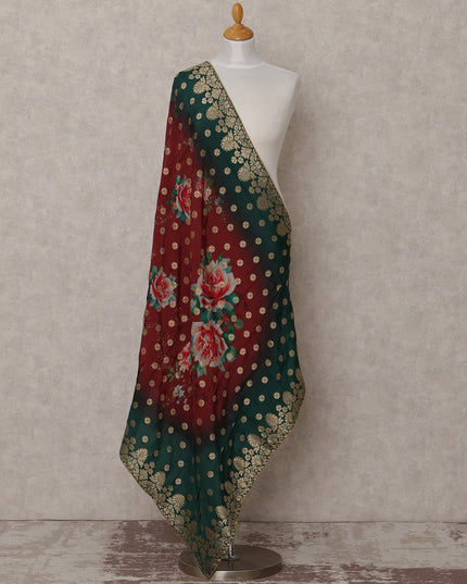 Maroon and Green Floral Design Synthetic Brocade Dupatta with Golden Polka and Ornate Border, Size 210X90 Cms, India-D24855