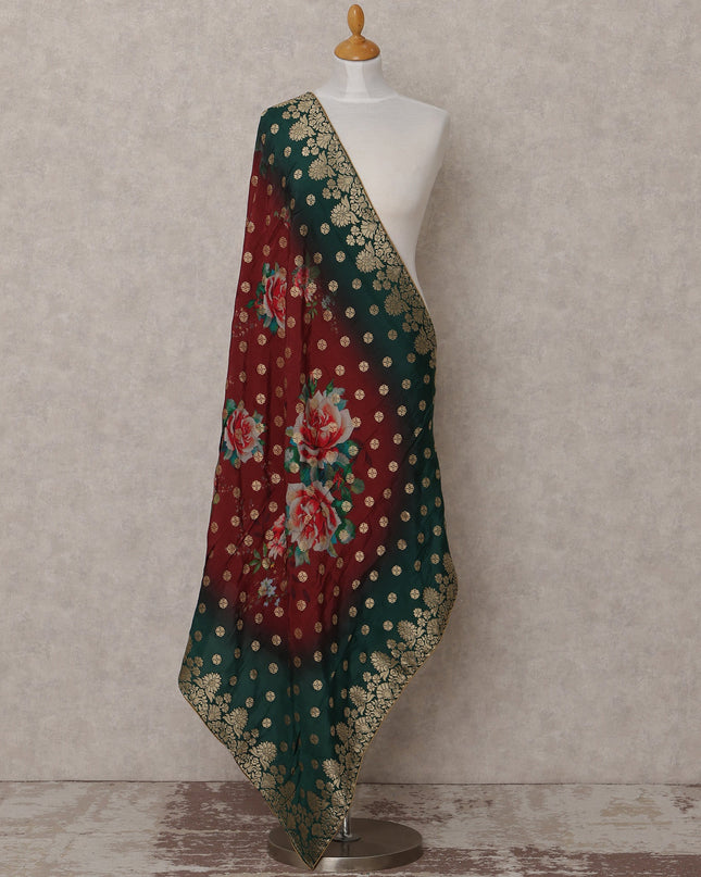 Maroon and Green Floral Design Synthetic Brocade Dupatta with Golden Polka and Ornate Border, Size 210X90 Cms, India-D24855