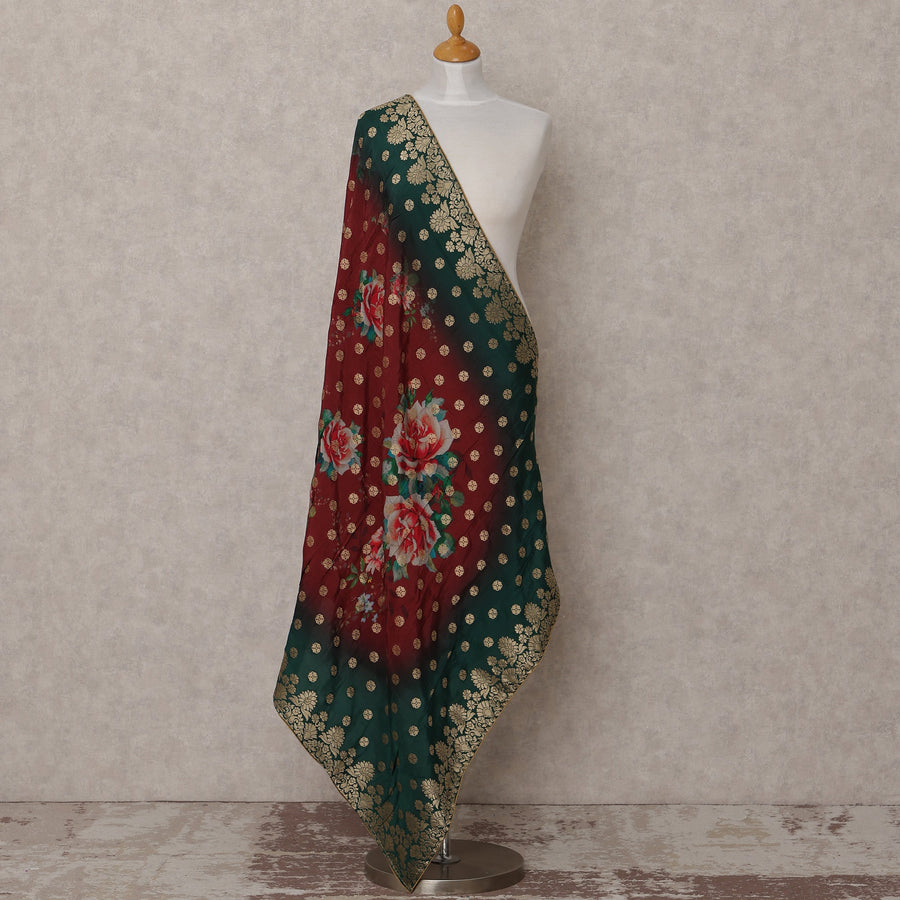Maroon and Green Floral Design Synthetic Brocade Dupatta with Golden Polka and Ornate Border, Size 210X90 Cms, India-D24855
