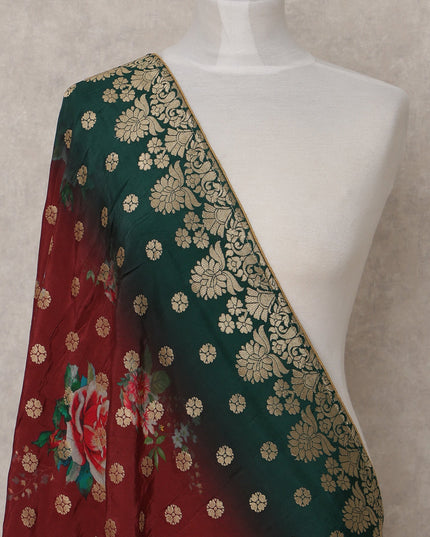 Maroon and Green Floral Design Synthetic Brocade Dupatta with Golden Polka and Ornate Border, Size 210X90 Cms, India-D24855