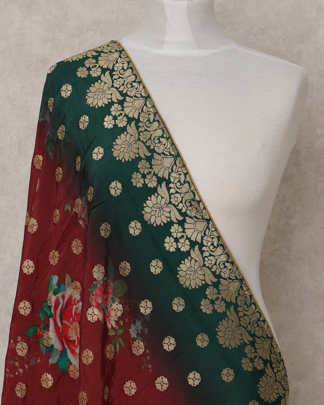 Maroon and Green Floral Design Synthetic Brocade Dupatta with Golden Polka and Ornate Border, Size 210X90 Cms, India-D24855