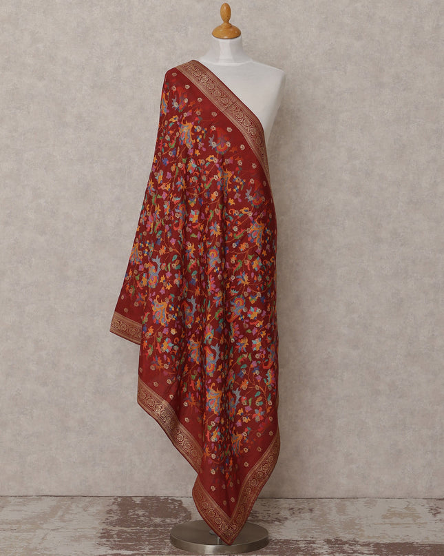 Maroon Multicolor Floral Design Synthetic Brocade Dupatta with Golden Border, Size 210X90 Cms, India-D24856
