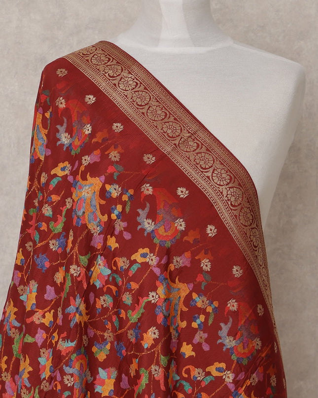 Maroon Multicolor Floral Design Synthetic Brocade Dupatta with Golden Border, Size 210X90 Cms, India-D24856
