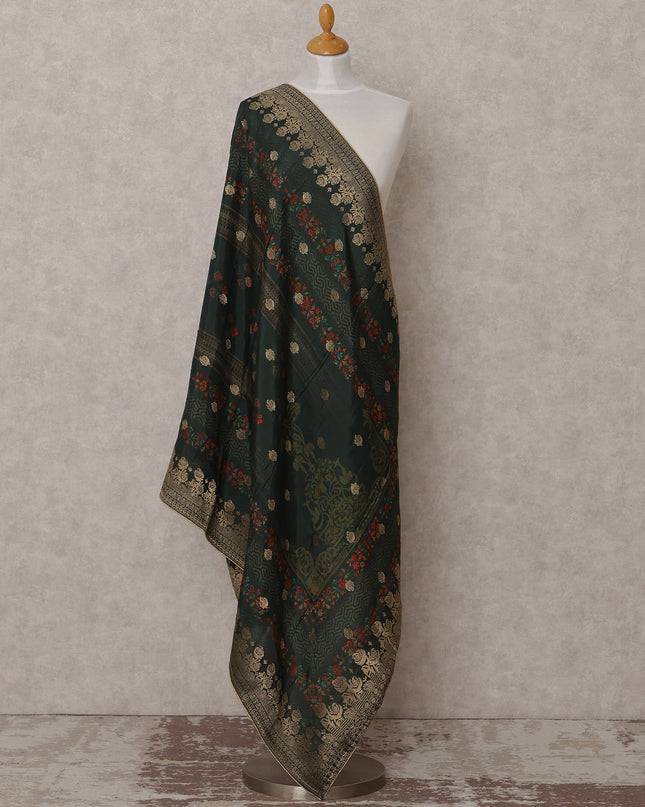 Dark Green Floral and Golden Motif Synthetic Brocade Dupatta with Ornate Border, Size 210X90 Cms, India-D24857 Regal Fabrics