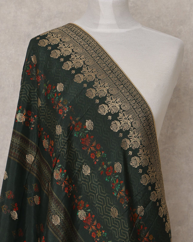 Dark Green Floral and Golden Motif Synthetic Brocade Dupatta with Ornate Border, Size 210X90 Cms, India-D24857 Regal Fabrics