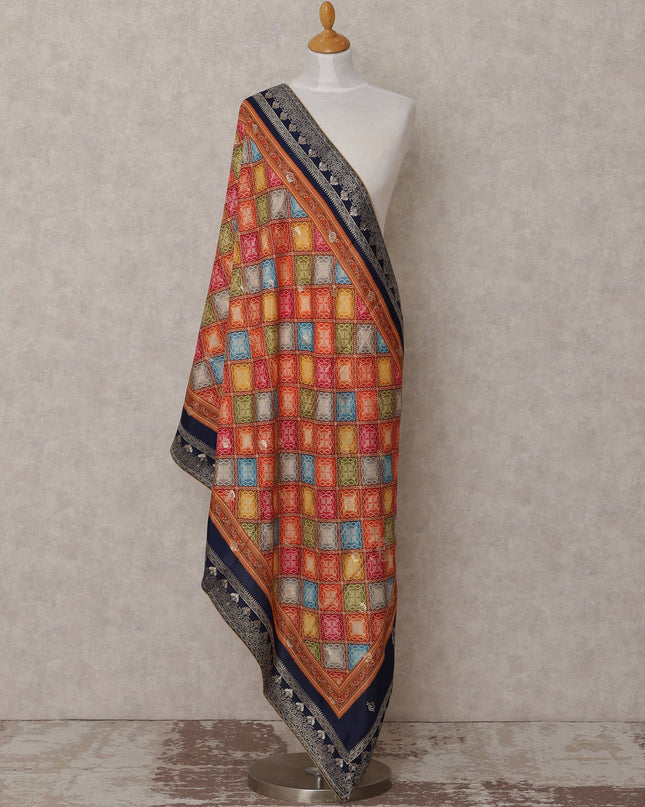 Multicolor Checkered Pattern Synthetic Brocade Dupatta with Navy Blue Border, Size 210X90 Cms, India-D24858 Regal Fabrics