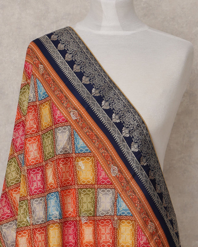 Multicolor Checkered Pattern Synthetic Brocade Dupatta with Navy Blue Border, Size 210X90 Cms, India-D24858 Regal Fabrics