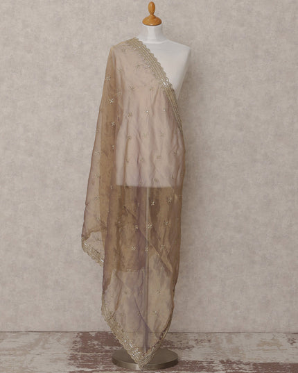 Golden Embroidered Synthetic Organza Dupatta with Sequins and Scalloped Border, Size 210X90 Cms, India-D24859