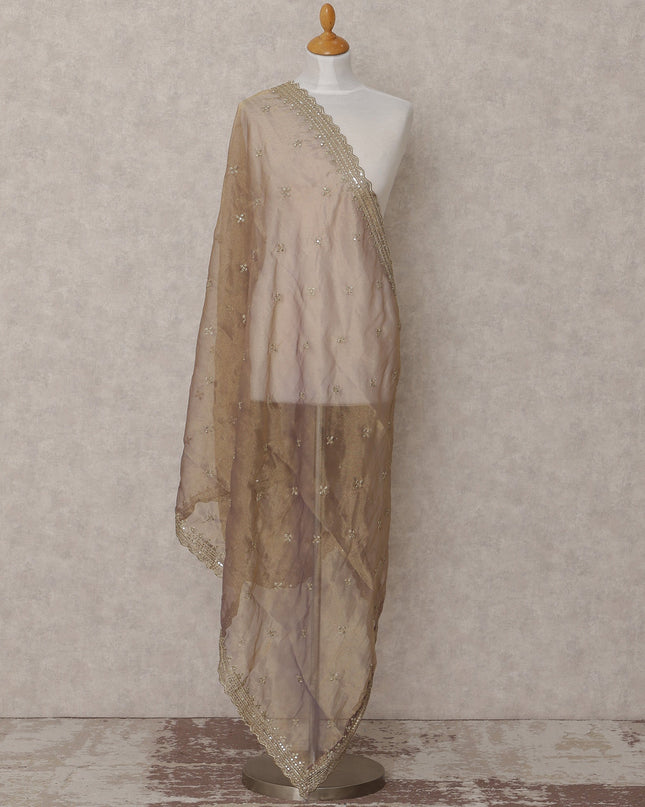 Golden Embroidered Synthetic Organza Dupatta with Sequins and Scalloped Border, Size 210X90 Cms, India-D24859