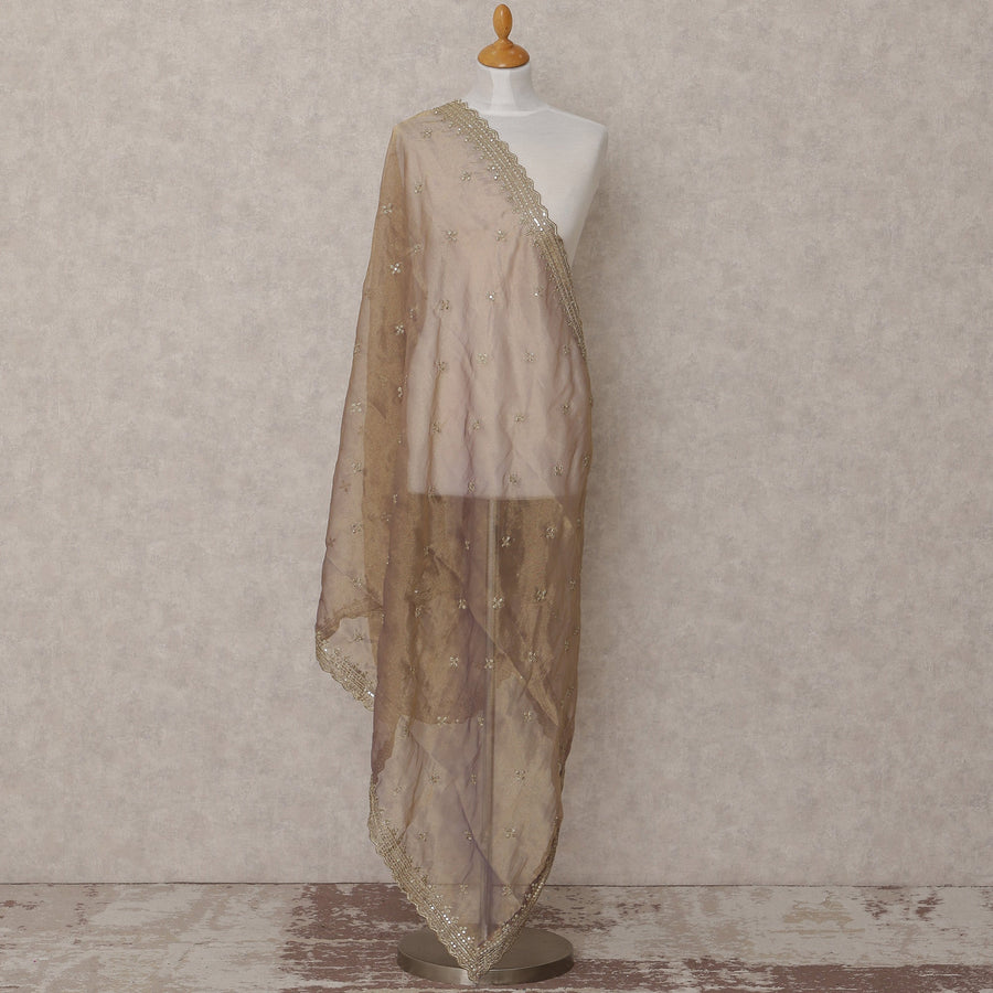 Golden Embroidered Synthetic Organza Dupatta with Sequins and Scalloped Border, Size 210X90 Cms, India-D24859