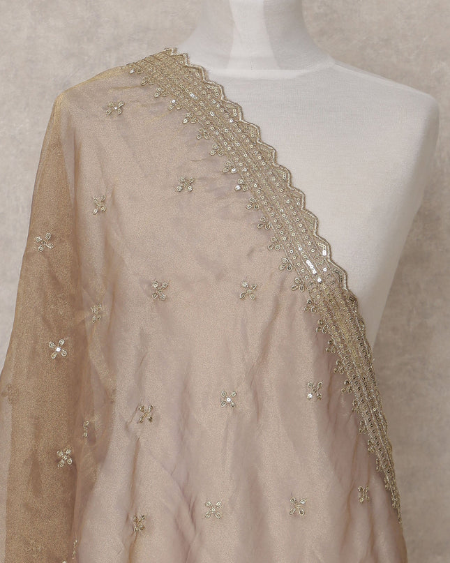 Golden Embroidered Synthetic Organza Dupatta with Sequins and Scalloped Border, Size 210X90 Cms, India-D24859