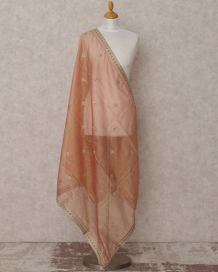 Beige Embroidered Synthetic Organza Dupatta with Scalloped Border and Sequin Accents, Size 210X90 Cms, India-D24862