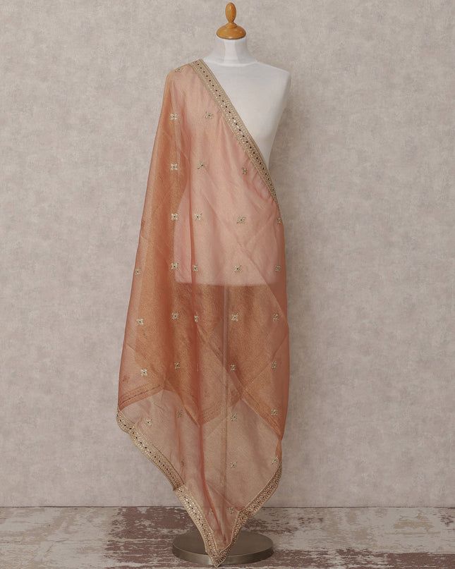 Beige Embroidered Synthetic Organza Dupatta with Scalloped Border and Sequin Accents, Size 210X90 Cms, India-D24862