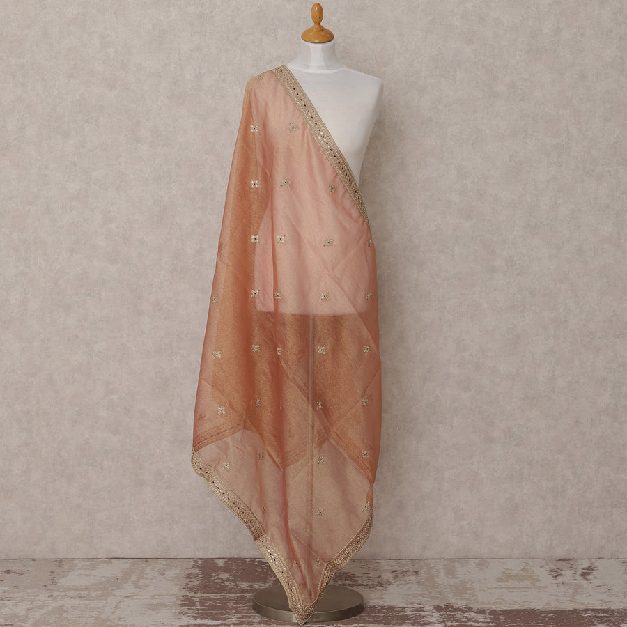 Beige Embroidered Synthetic Organza Dupatta with Scalloped Border and Sequin Accents, Size 210X90 Cms, India-D24862