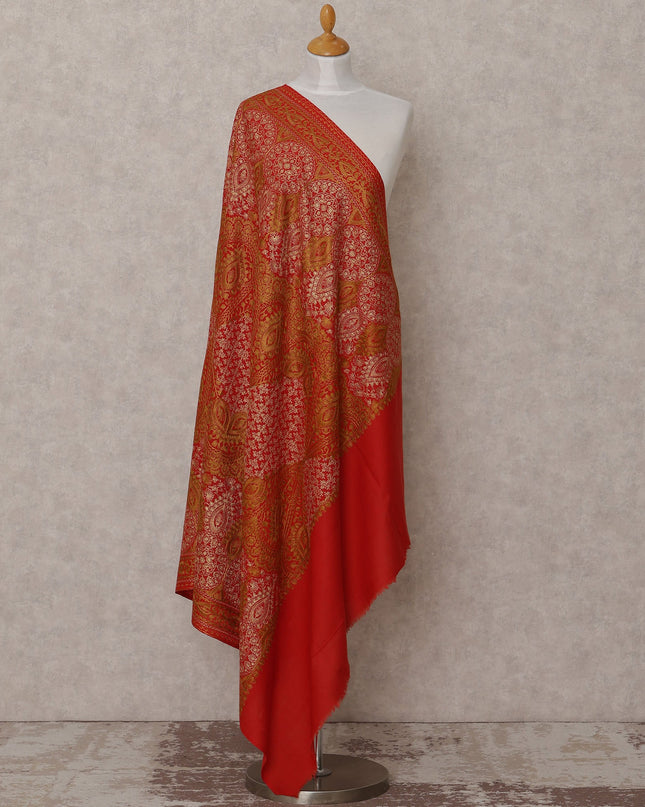 Red and Gold Woven Pattern Premium Kashmiri Pashmina Shawl with Traditional Design, Size 210X100 Cms, India-D24863 Regal Fabrics