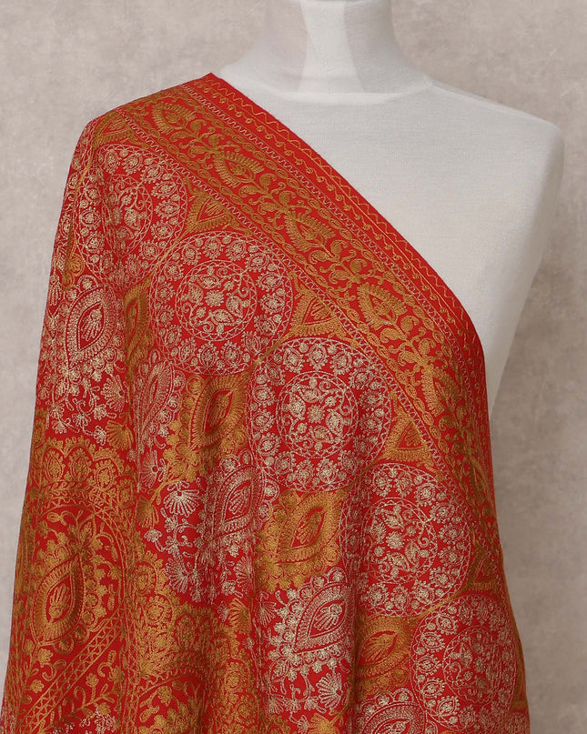 Red and Gold Woven Pattern Premium Kashmiri Pashmina Shawl with Traditional Design, Size 210X100 Cms, India-D24863 Regal Fabrics