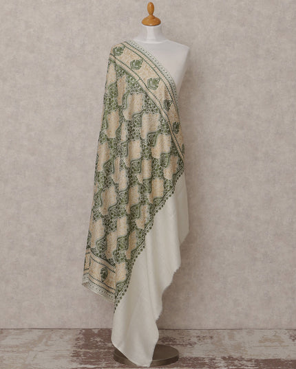 Ivory and Green Paisley Design Premium Kashmiri Pashmina Shawl with Traditional Weaving, Size 210X100 Cms, India-D24864