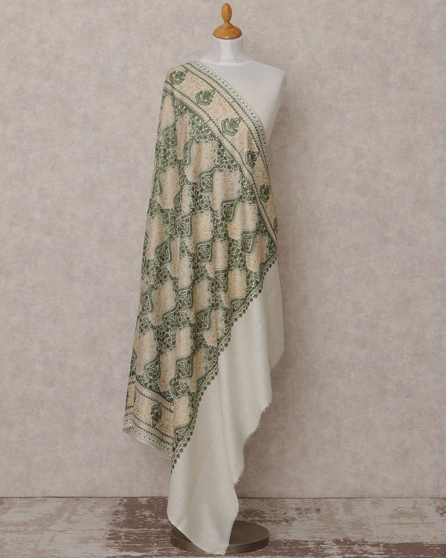 Ivory and Green Paisley Design Premium Kashmiri Pashmina Shawl with Traditional Weaving, Size 210X100 Cms, India-D24864