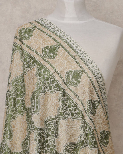 Ivory and Green Paisley Design Premium Kashmiri Pashmina Shawl with Traditional Weaving, Size 210X100 Cms, India-D24864