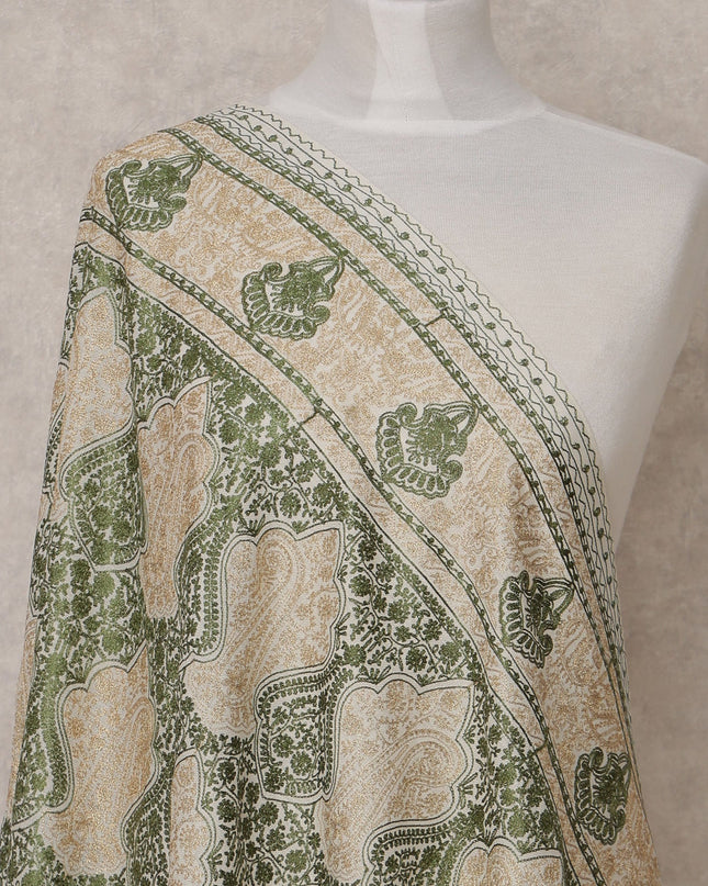 Ivory and Green Paisley Design Premium Kashmiri Pashmina Shawl with Traditional Weaving, Size 210X100 Cms, India-D24864