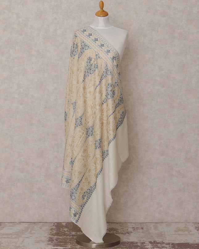Ivory and Beige Paisley Design Premium Kashmiri Pashmina Shawl with Traditional Weaving, Size 210X100 Cms, India-D24865