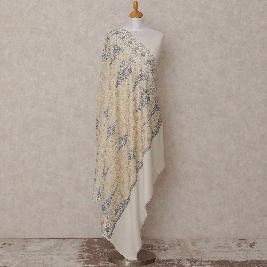 Ivory and Beige Paisley Design Premium Kashmiri Pashmina Shawl with Traditional Weaving, Size 210X100 Cms, India-D24865