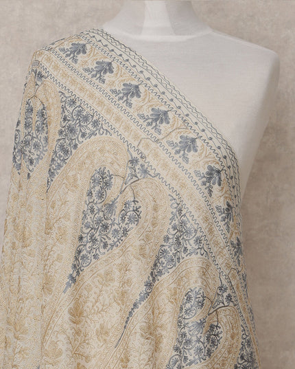 Ivory and Beige Paisley Design Premium Kashmiri Pashmina Shawl with Traditional Weaving, Size 210X100 Cms, India-D24865