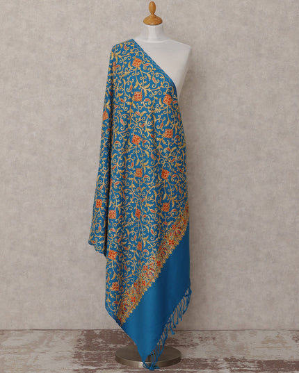 Blue with Multicolor Floral Vine Design Blended Kashmiri Pashmina Shawl with Traditional Embroidery, Size 210X100 Cms, India-D24866