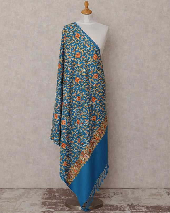 Blue with Multicolor Floral Vine Design Blended Kashmiri Pashmina Shawl with Traditional Embroidery, Size 210X100 Cms, India-D24866