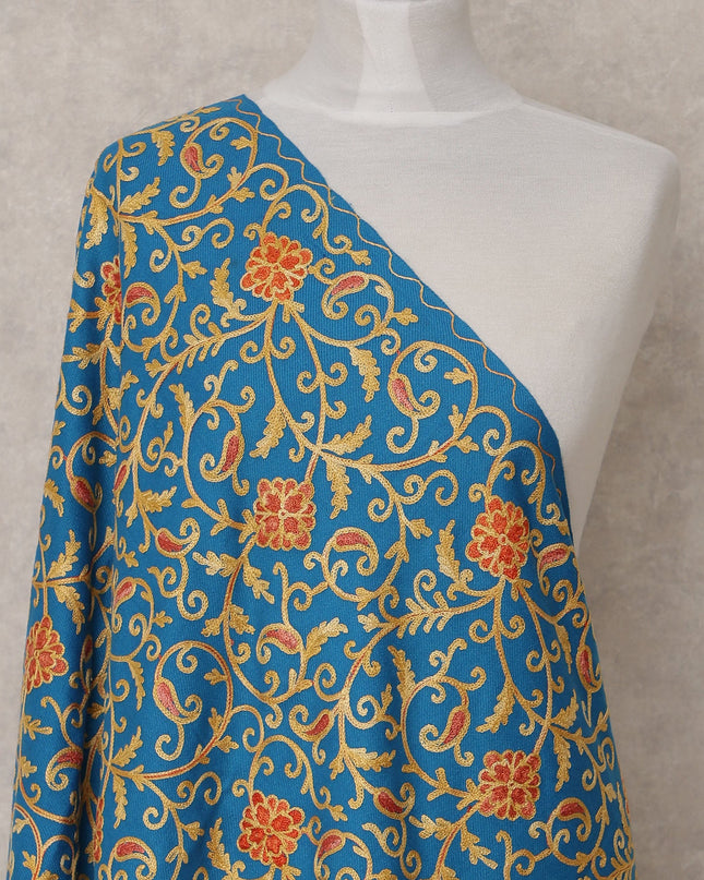 Blue with Multicolor Floral Vine Design Blended Kashmiri Pashmina Shawl with Traditional Embroidery, Size 210X100 Cms, India-D24866