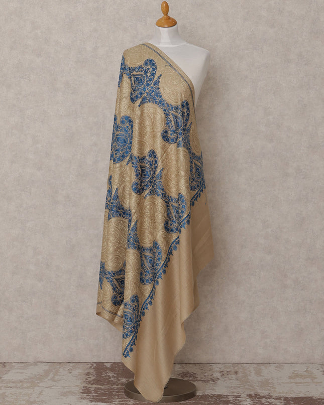 Beige and Blue Large Paisley Design Premium Kashmiri Pashmina Shawl with Traditional Weaving, Size 210X100 Cms, India-D24867