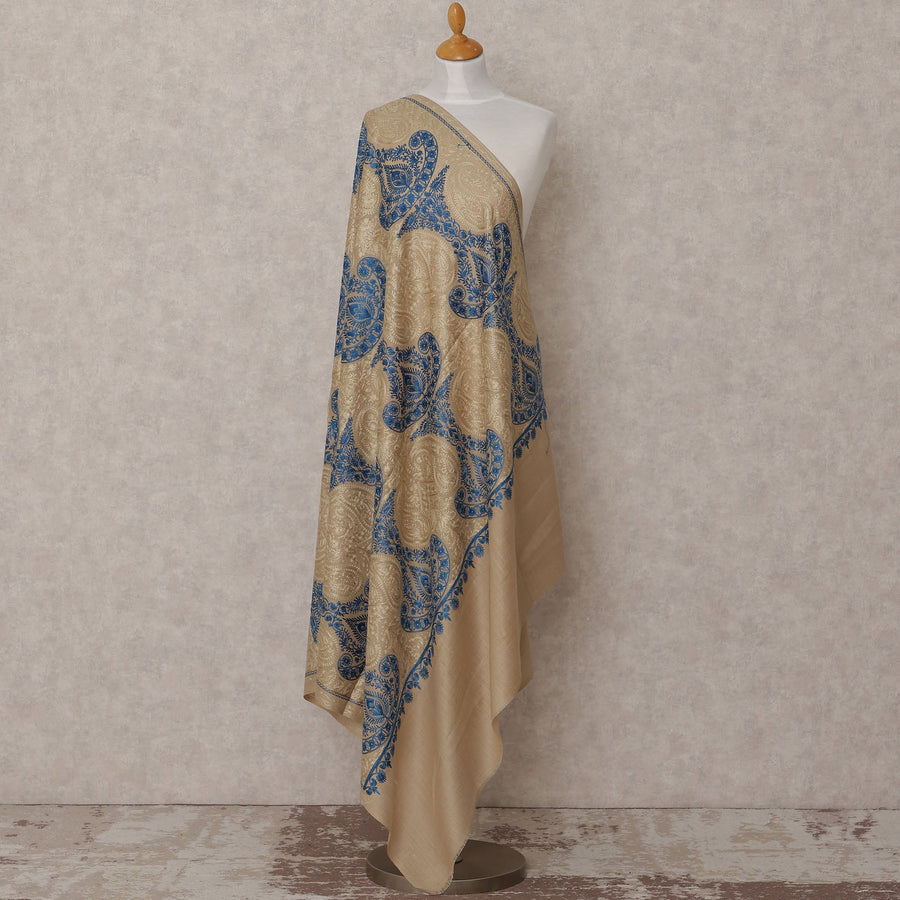 Beige and Blue Large Paisley Design Premium Kashmiri Pashmina Shawl with Traditional Weaving, Size 210X100 Cms, India-D24867