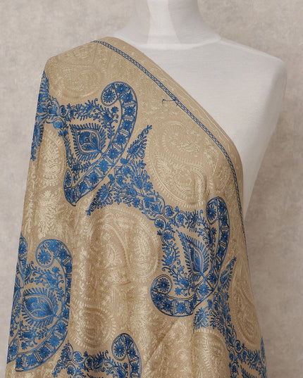 Beige and Blue Large Paisley Design Premium Kashmiri Pashmina Shawl with Traditional Weaving, Size 210X100 Cms, India-D24867