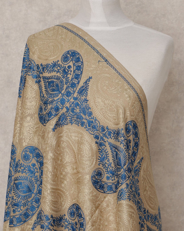 Beige and Blue Large Paisley Design Premium Kashmiri Pashmina Shawl with Traditional Weaving, Size 210X100 Cms, India-D24867