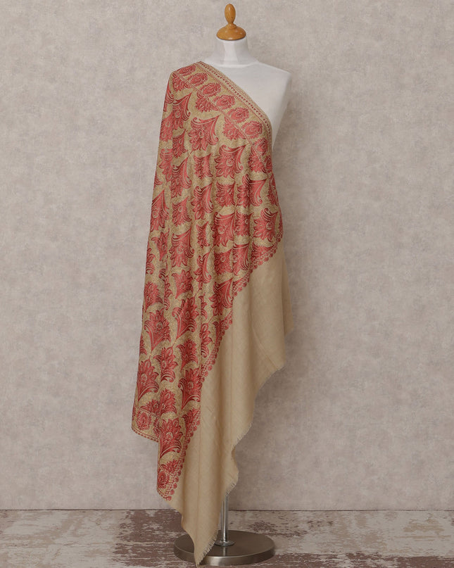 Beige and Red Floral Pattern Premium Kashmiri Pashmina Shawl with Intricate Weaving, Size 210X100 Cms, India-D24868