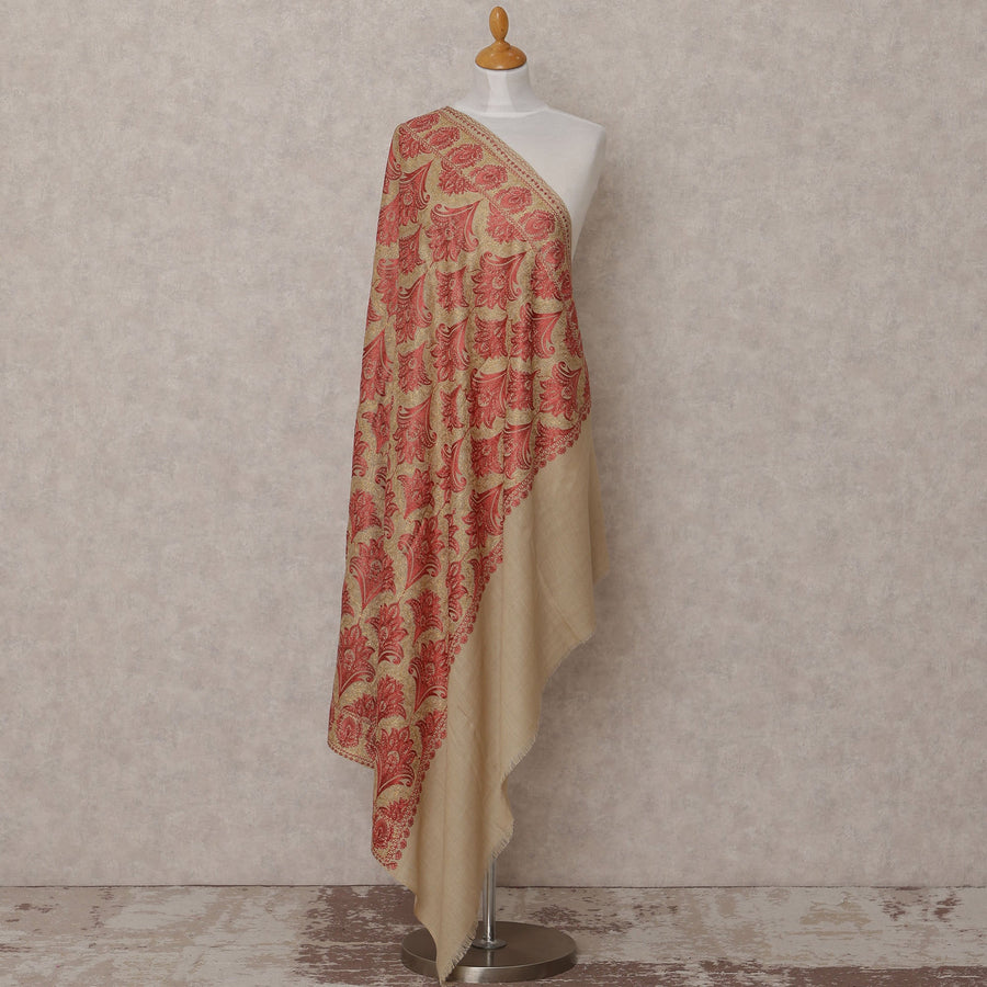 Beige and Red Floral Pattern Premium Kashmiri Pashmina Shawl with Intricate Weaving, Size 210X100 Cms, India-D24868