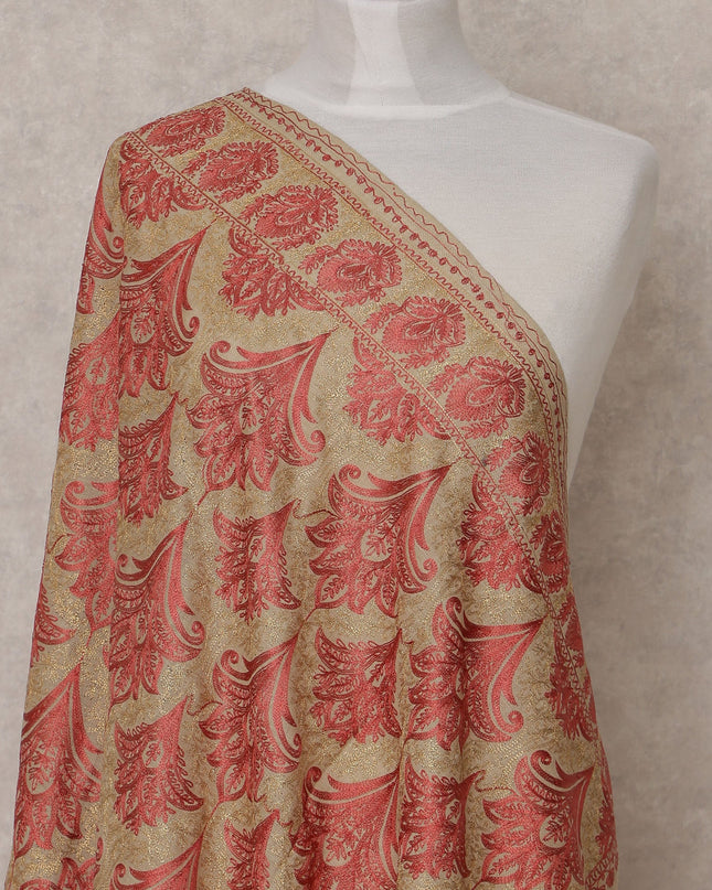 Beige and Red Floral Pattern Premium Kashmiri Pashmina Shawl with Intricate Weaving, Size 210X100 Cms, India-D24868