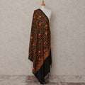 Black with Orange Floral Vine Design Blended Kashmiri Pashmina Shawl with Intricate Embroidery, Size 210X100 Cms, India-D24869